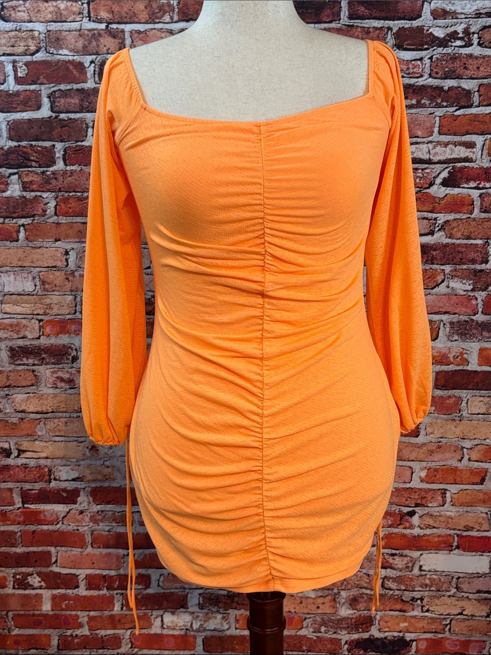 Divided Bright Orange Ruched Long-Sleeve Mini Dress Off the shoulder Medium